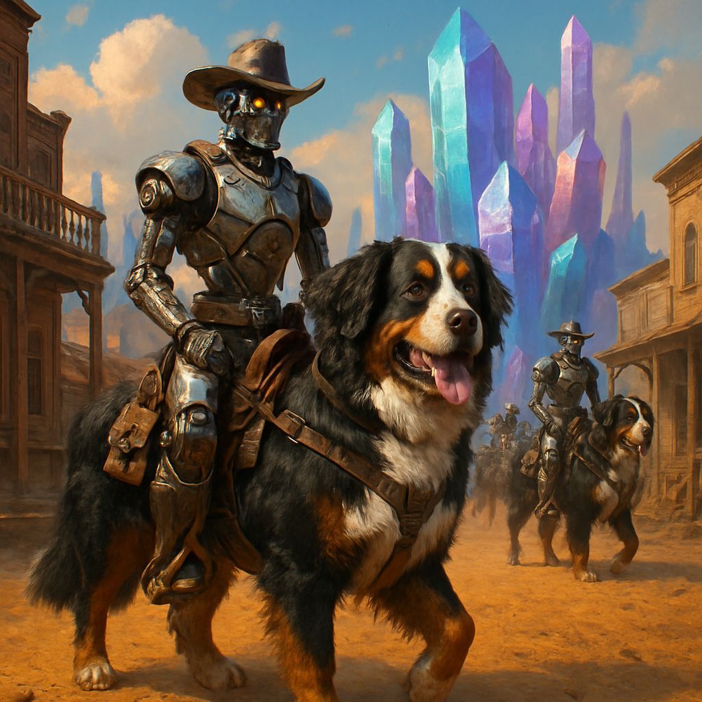 Crystalline Fantasy Western Town with Robot Cowboys