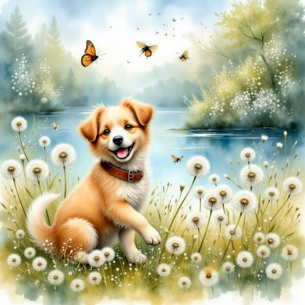 Joyful Puppy Explores Nature in a Vibrant Dandelion Landscap...