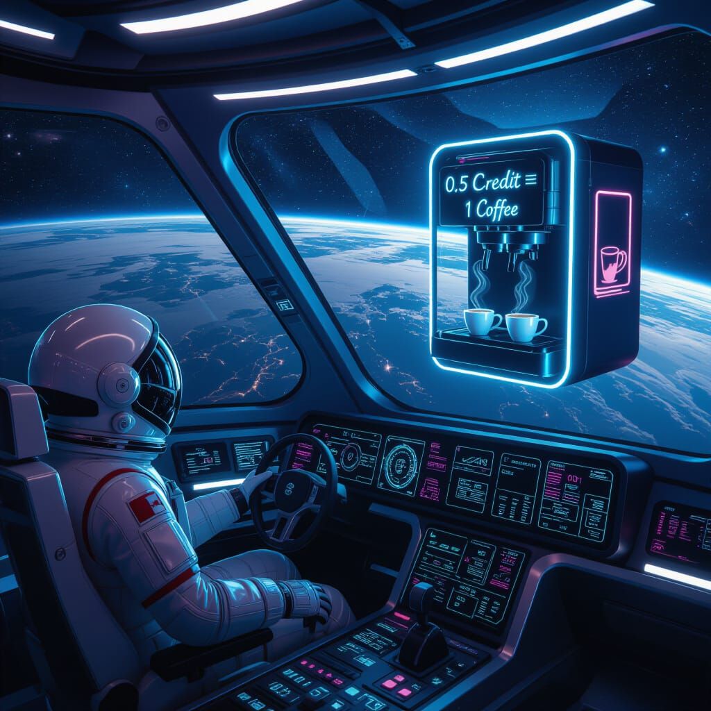 Astronaut in Sci-Fi Spaceship Cockpit with Earth View