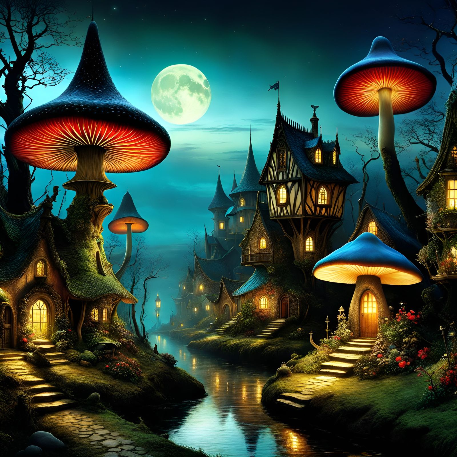 Fairy village at full moon