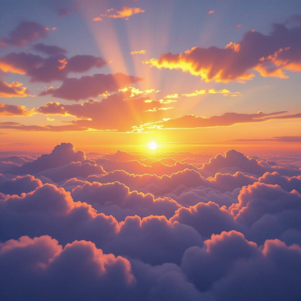 Vibrant Sunrise Over Fluffy Clouds with Golden Hues
