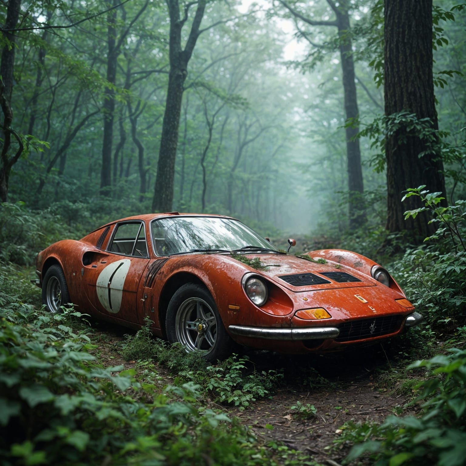 Forgotten Ferrari in a Dismal Forest Landscape