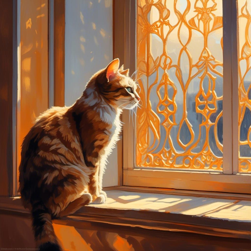 Cat on Windowsill in Warm, Vibrant Colors