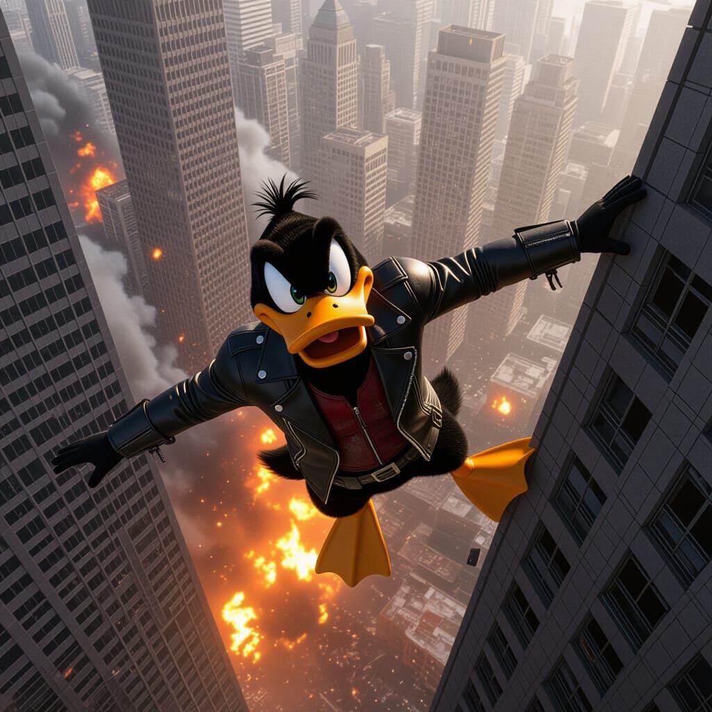 Daffy Duck-like Character in Burning Skyscraper