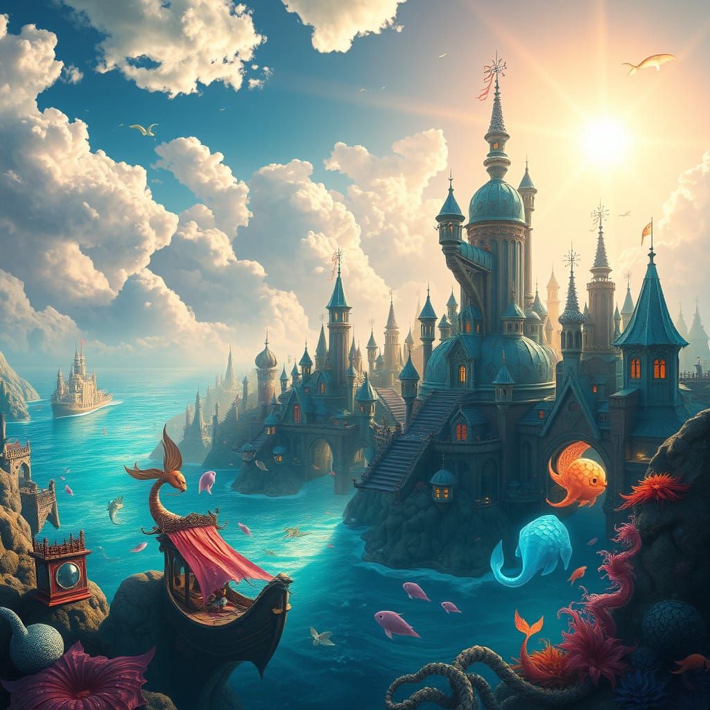 Whimsical Mermaid City in Dreamy, Vibrant Hues