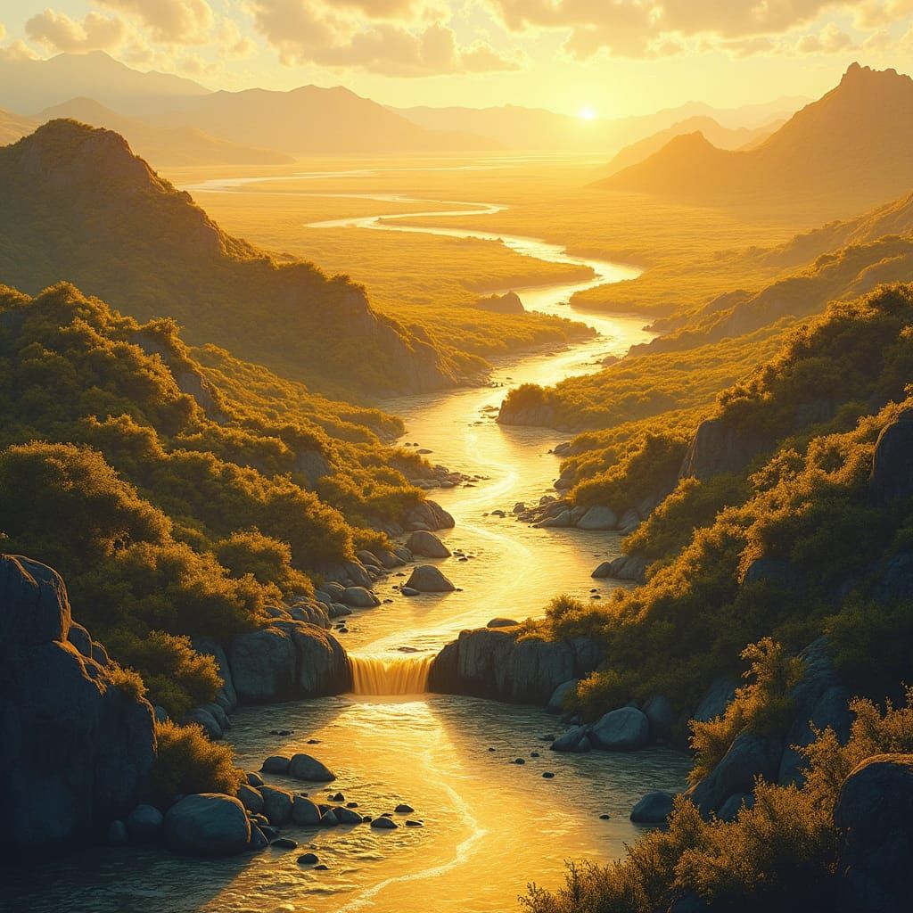 Golden Ink River Flowing from a Pen