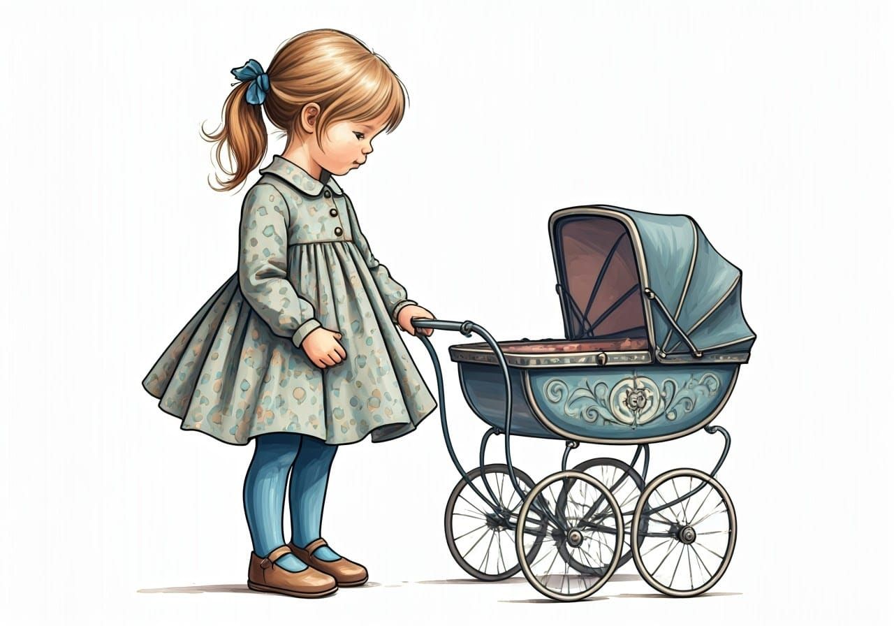 Watercolor Sketch of Girl with Doll and Carriage