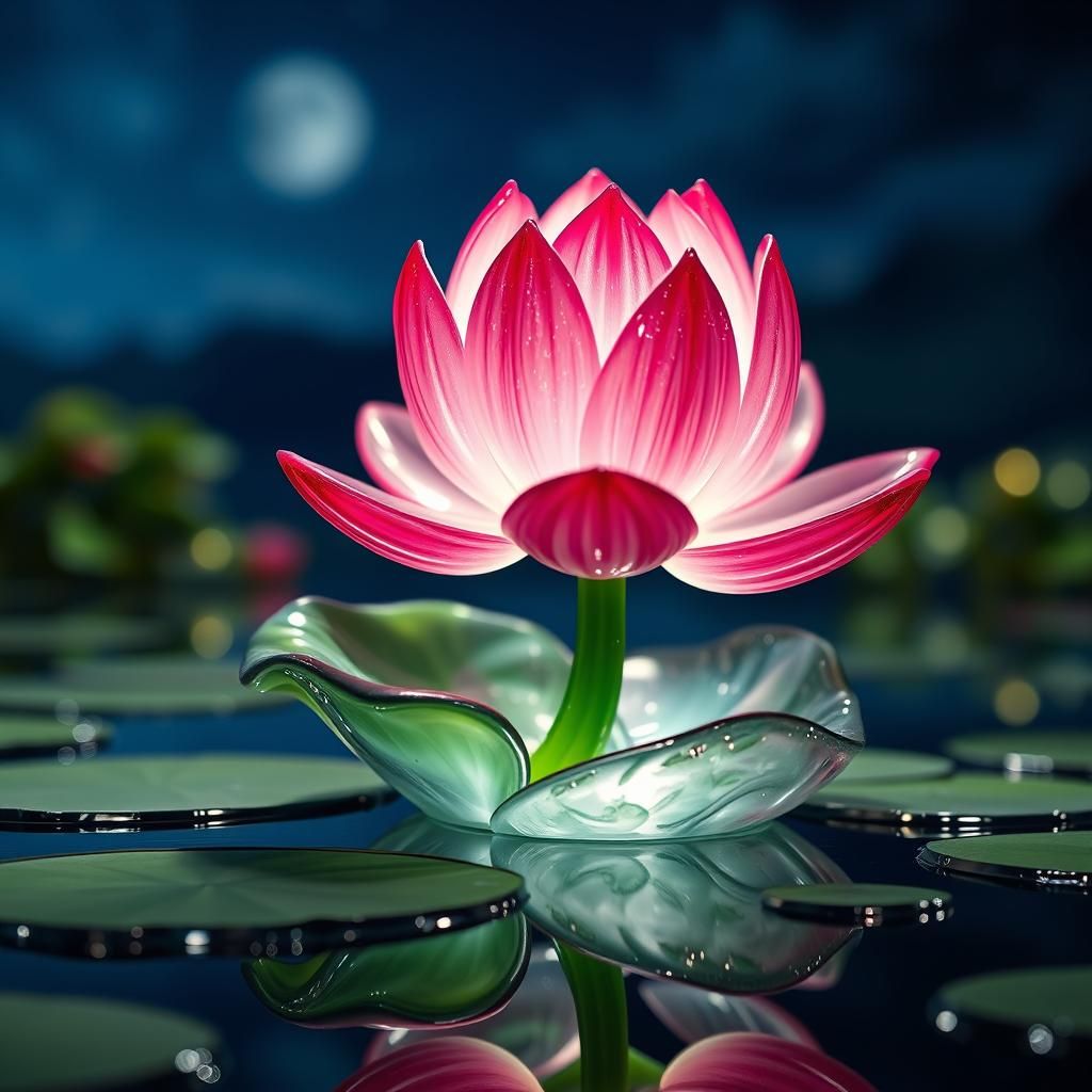 Enameled Glass Lotus Flower Figurine at Night