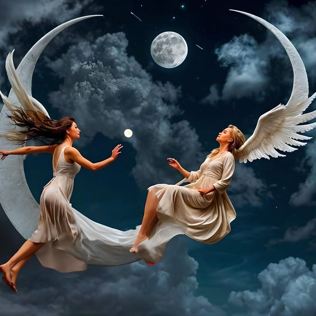 Woman and Man Flying on the Moon