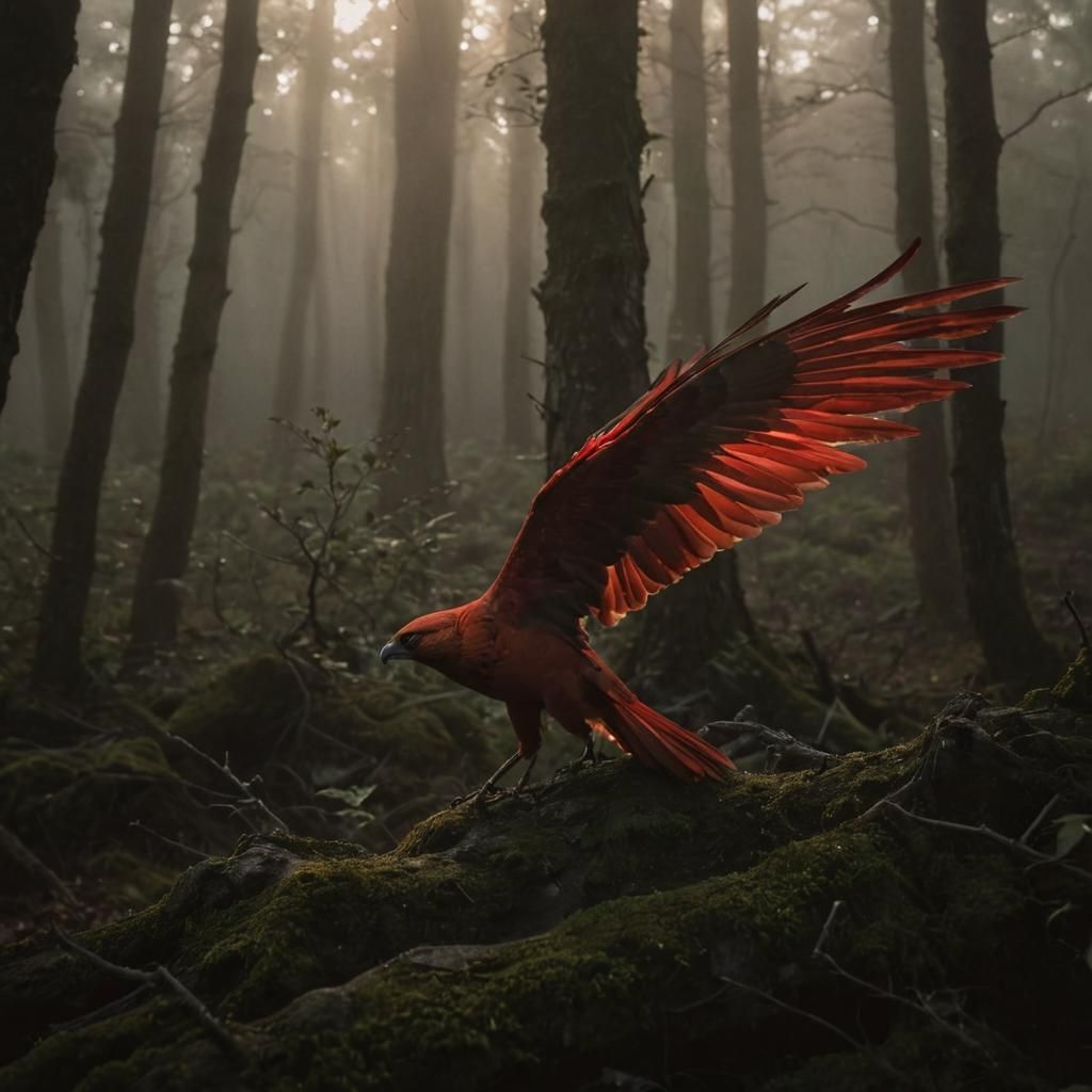 Ethereal Red Wings Unfolding in Dreamlike Landscape