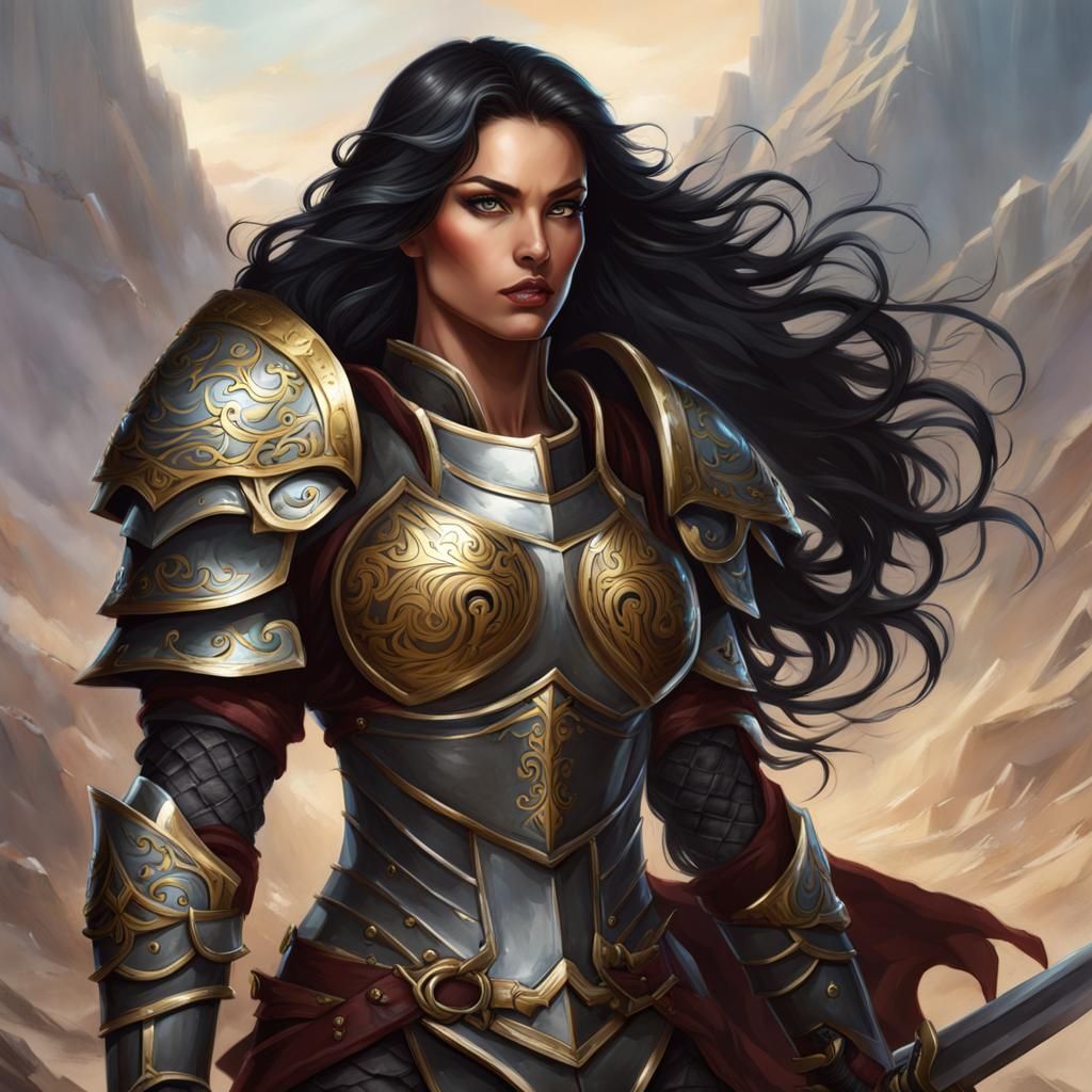 Fierce Female Paladin in Detailed Armor