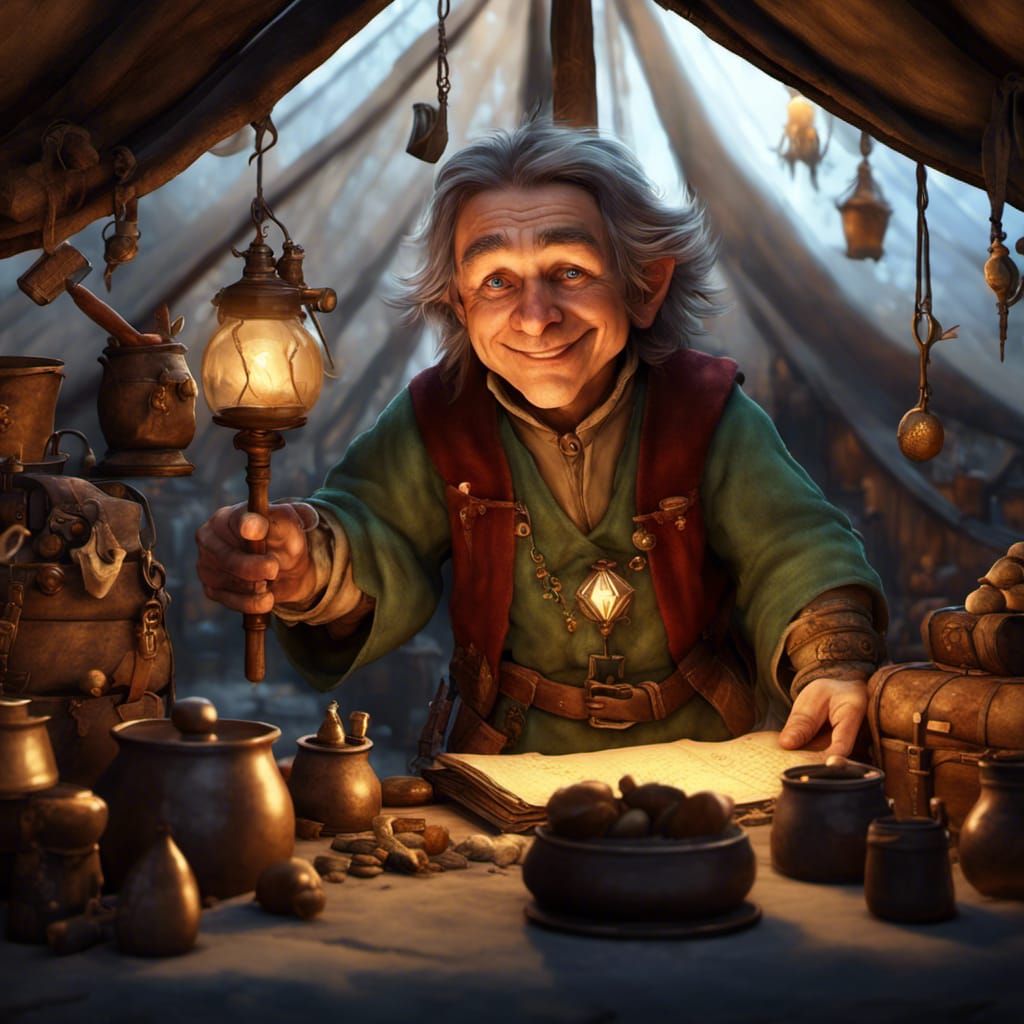 Joyous Halfling Merchant Amidst Magical Treasures