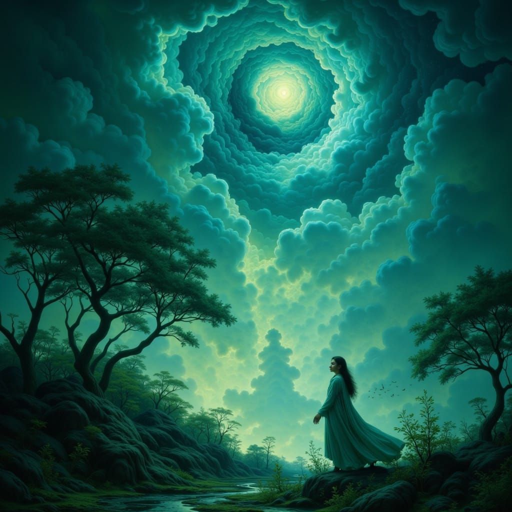 Ethereal Forest Landscape Painting with Celestial Sky