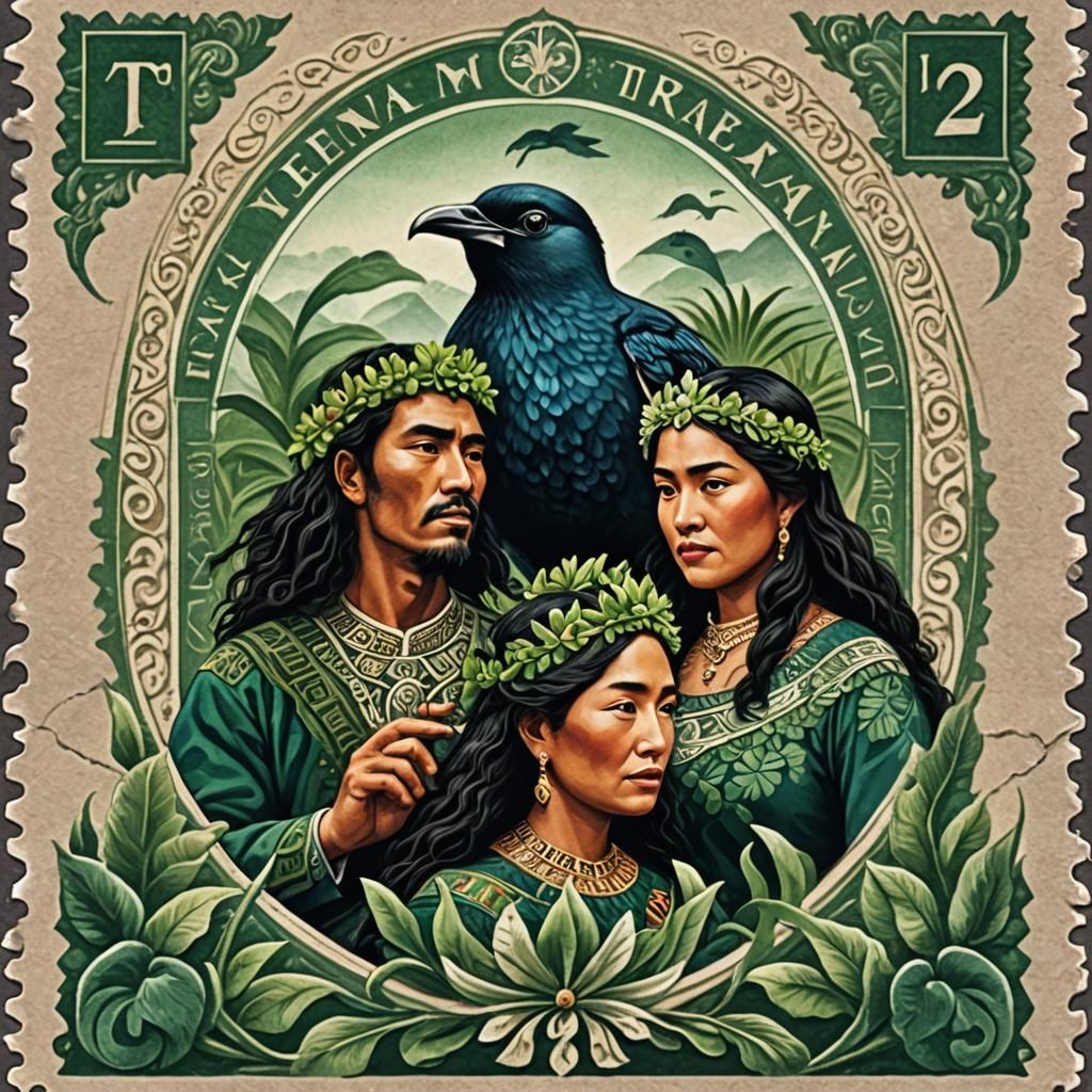 Surreal New Zealand Stamp with Maori Couple and Birds