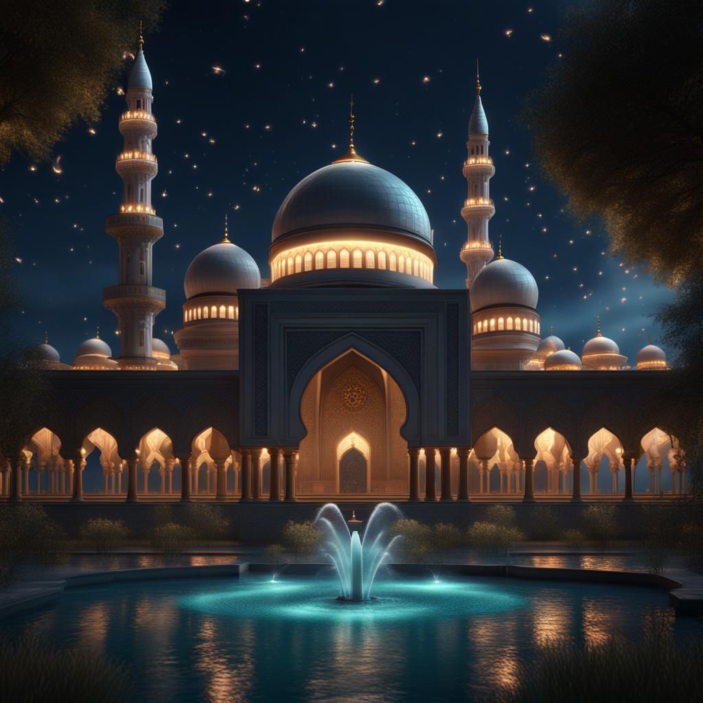 Mosque at Night with Fireflies: Detailed Matte Painting
