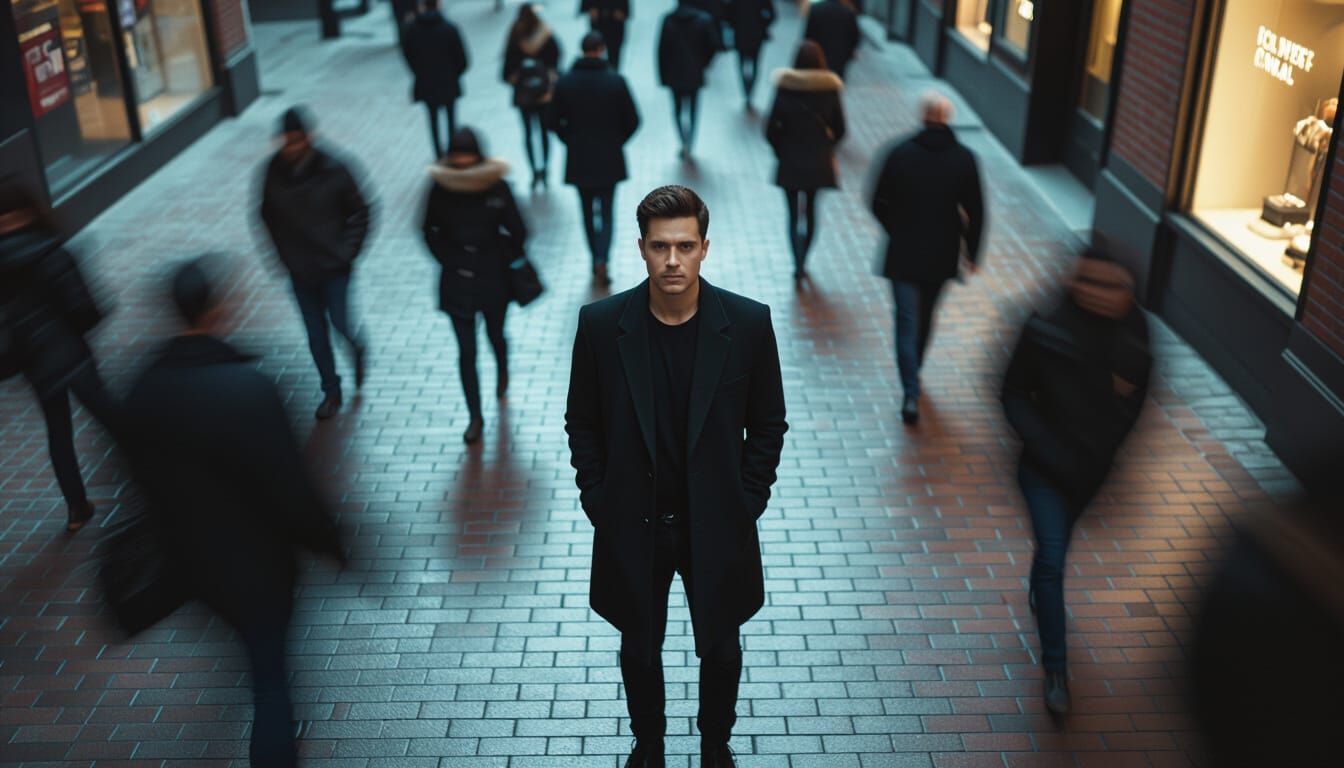 Cinematic Aerial Shot of Man in Dark Blazer on Urban Sidewal...