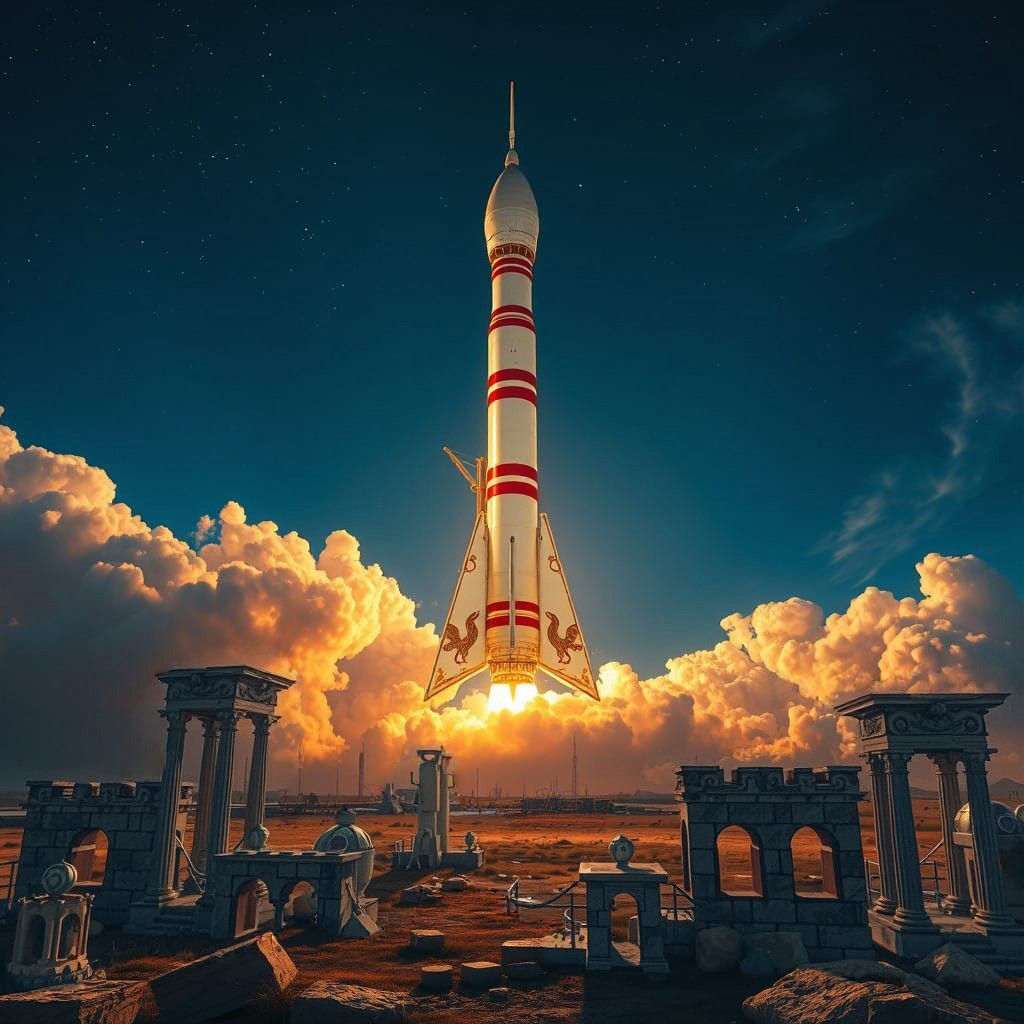 Romanesque Saturn V Rocket Launches from Cape Canaveral