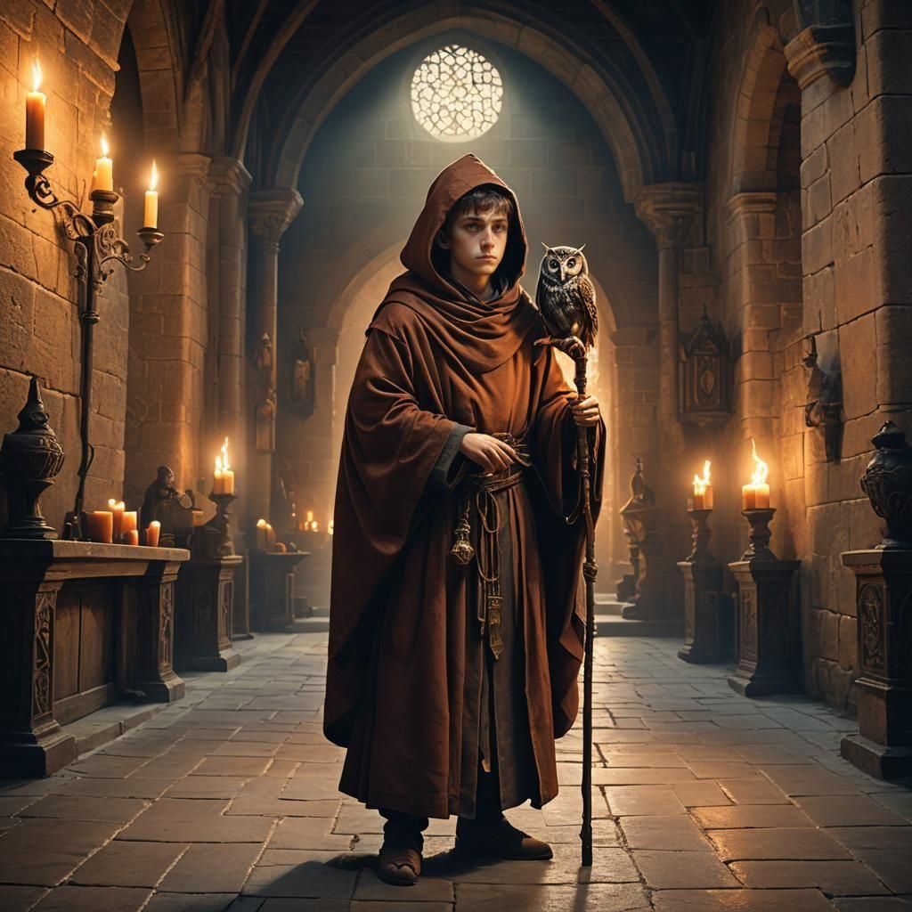 Monk Boy with Owl in Castle Hall