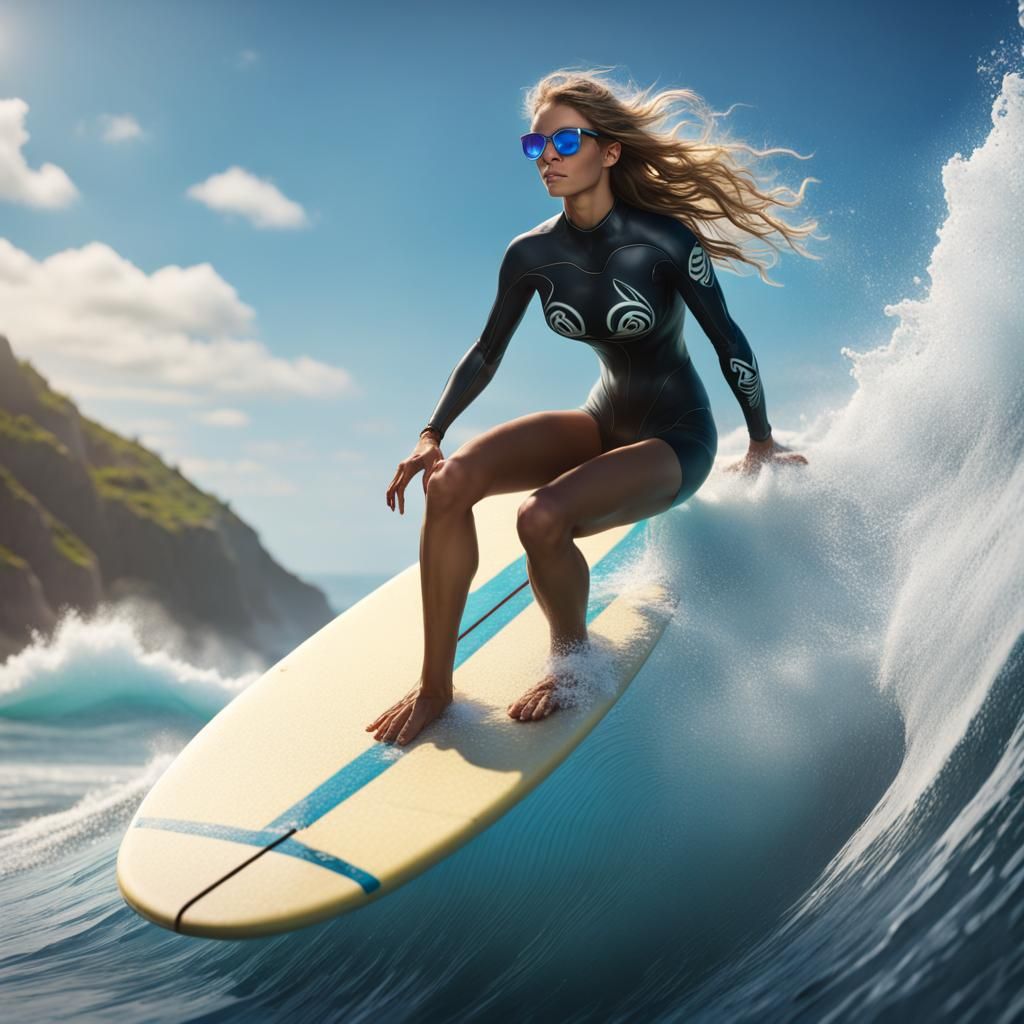 Female Surfer Rides a Big Wave: Detailed Matte Painting