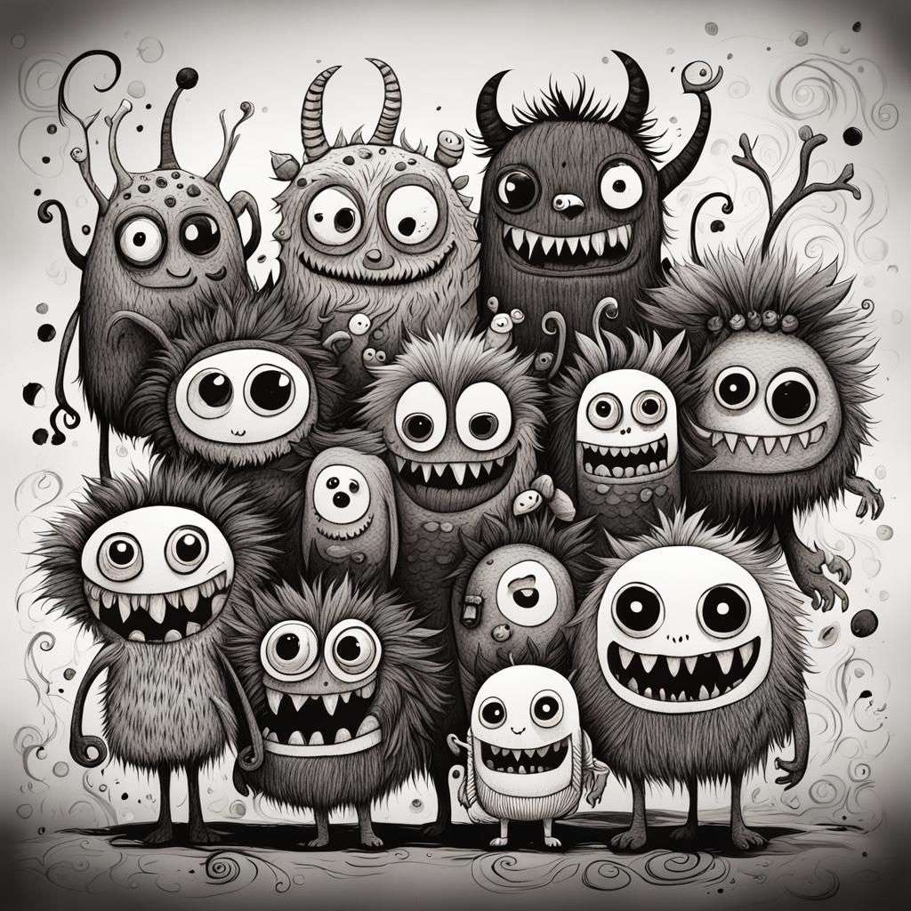 Whimsical Monsters with Exaggerated Features in Doodle Style