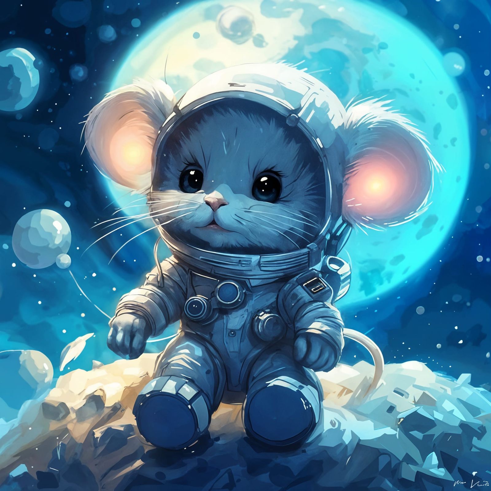 Chibi Mouse Astronaut on Bioluminescent Moon