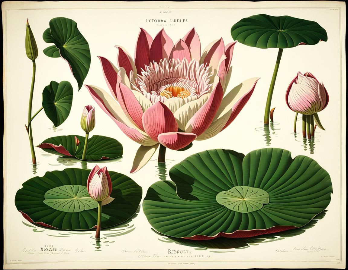 Giant Water Lilies Botanical Illustration as Lithograph