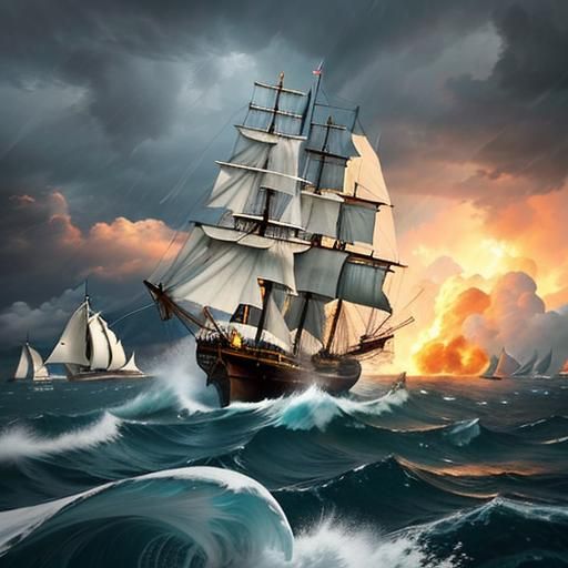 Sailing ship on the windy sea White Caps torn sails listing ...