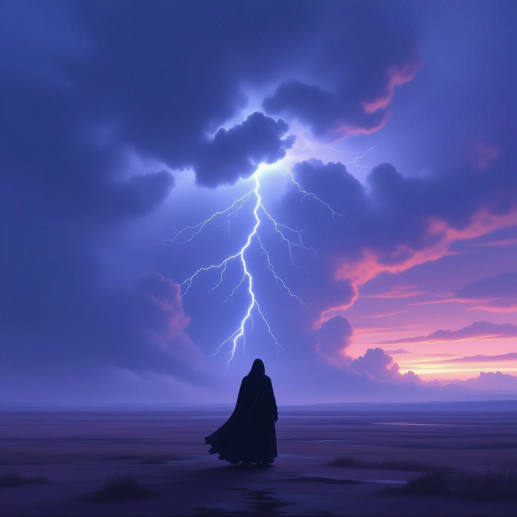 Cloaked Figure on Desolate Plain Under Stormy Twilight Sky
