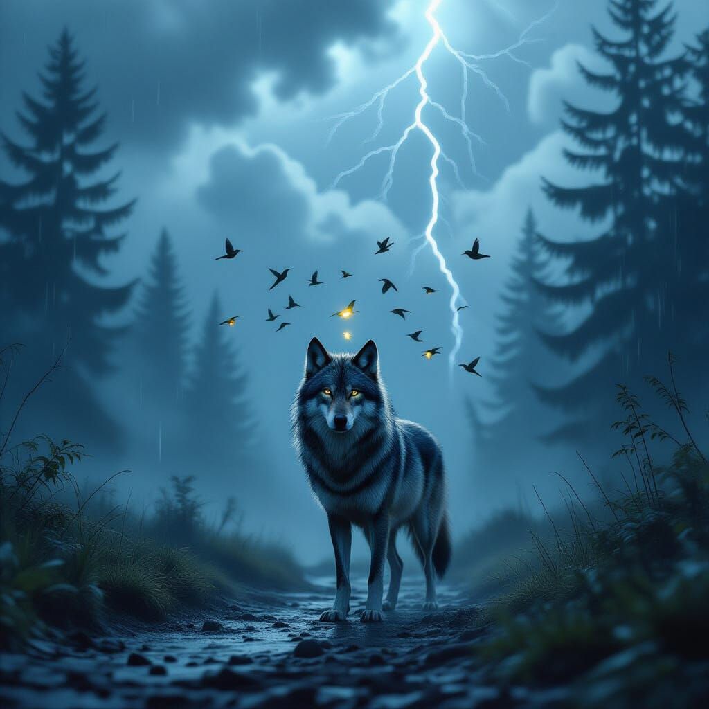 Wolf Guardian in Rain-Soaked Forest Path