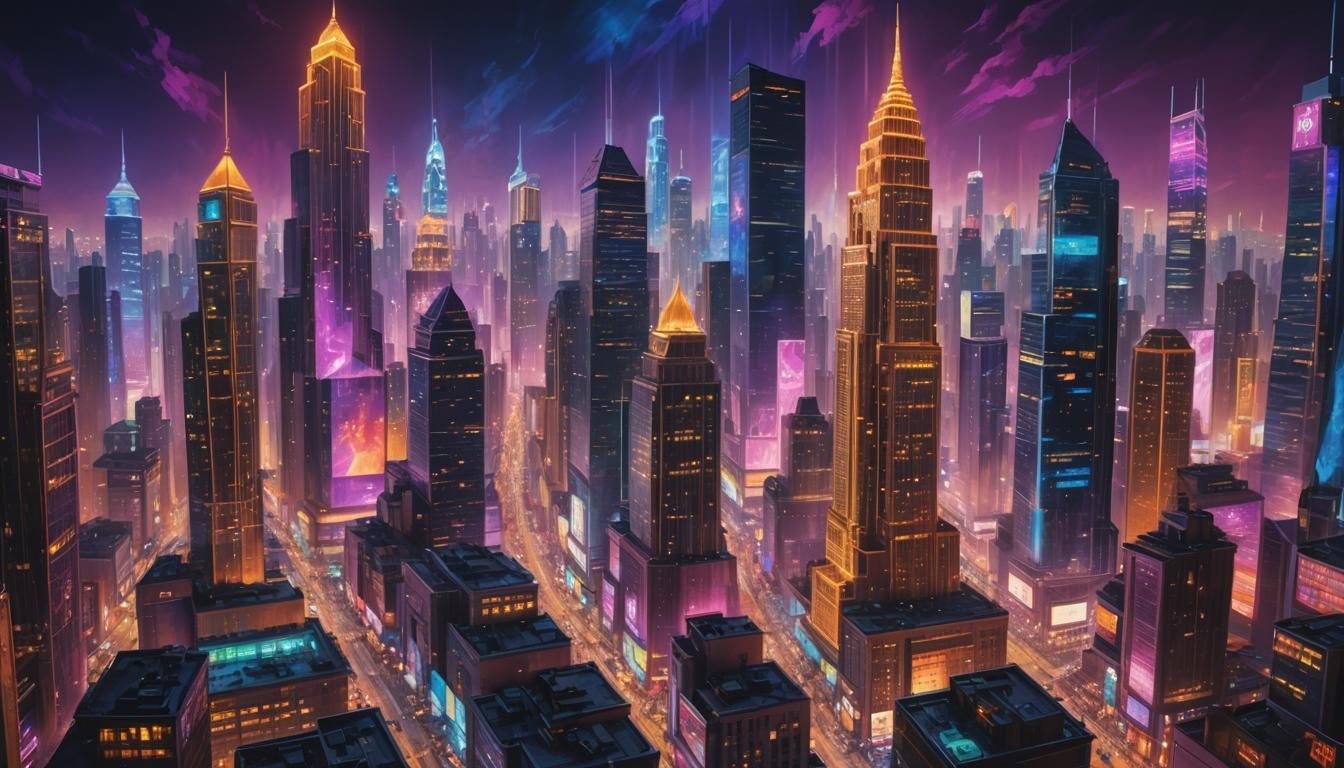 Fantasy Metropolis at Night in Oil Painting Style