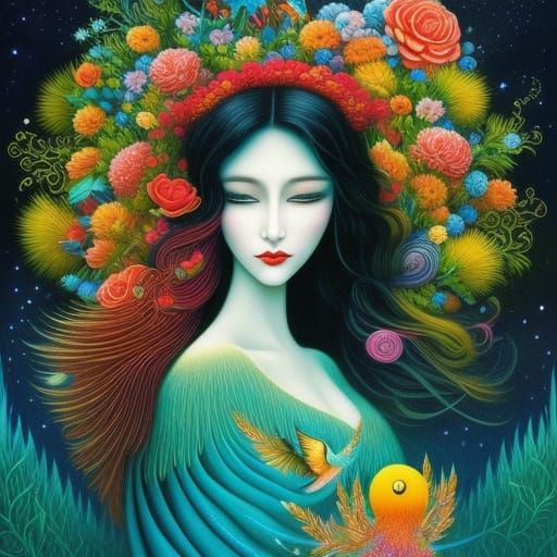 Sad Woman with Birds in Magic Realism Style