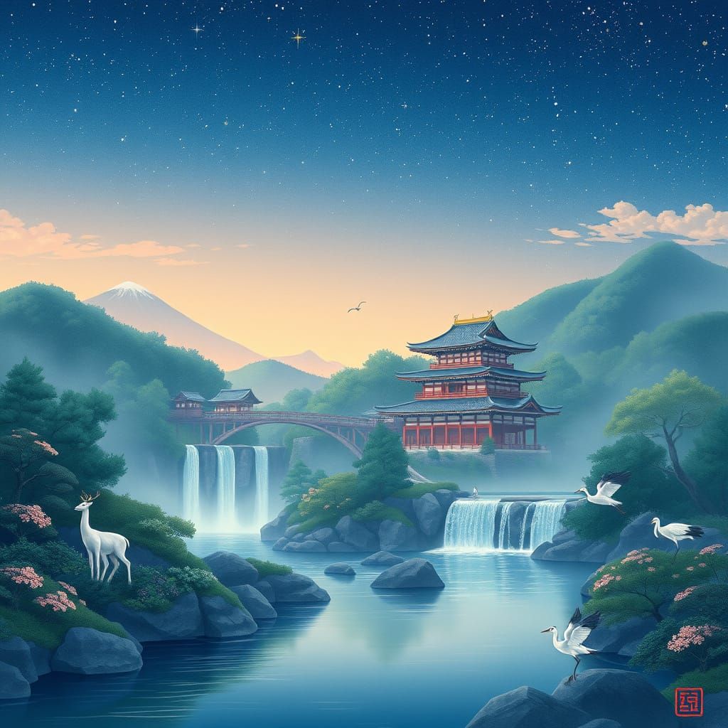Japanese Feudal Landscape at Dusk with Temple and Waterfall