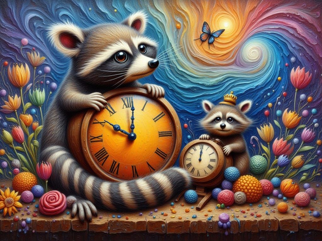 Whimsical Raccoon Family in a Fantasy Clock World