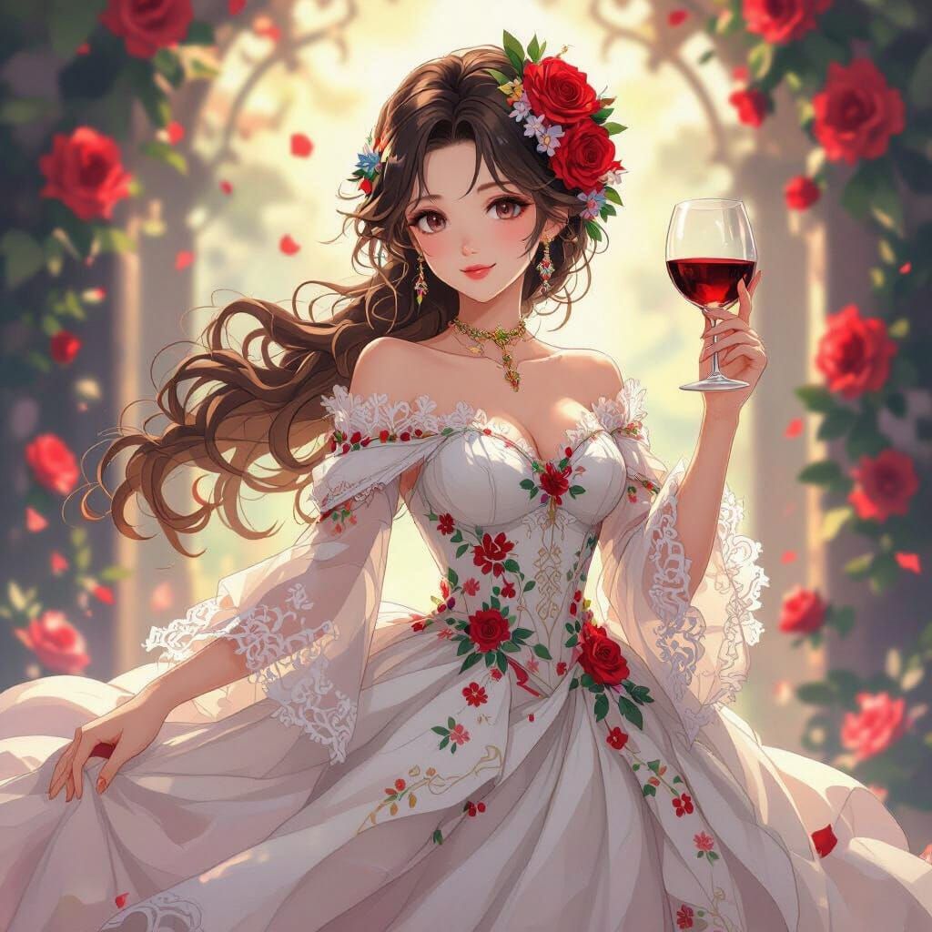 Anime Princess with Lace, Roses, and Wine