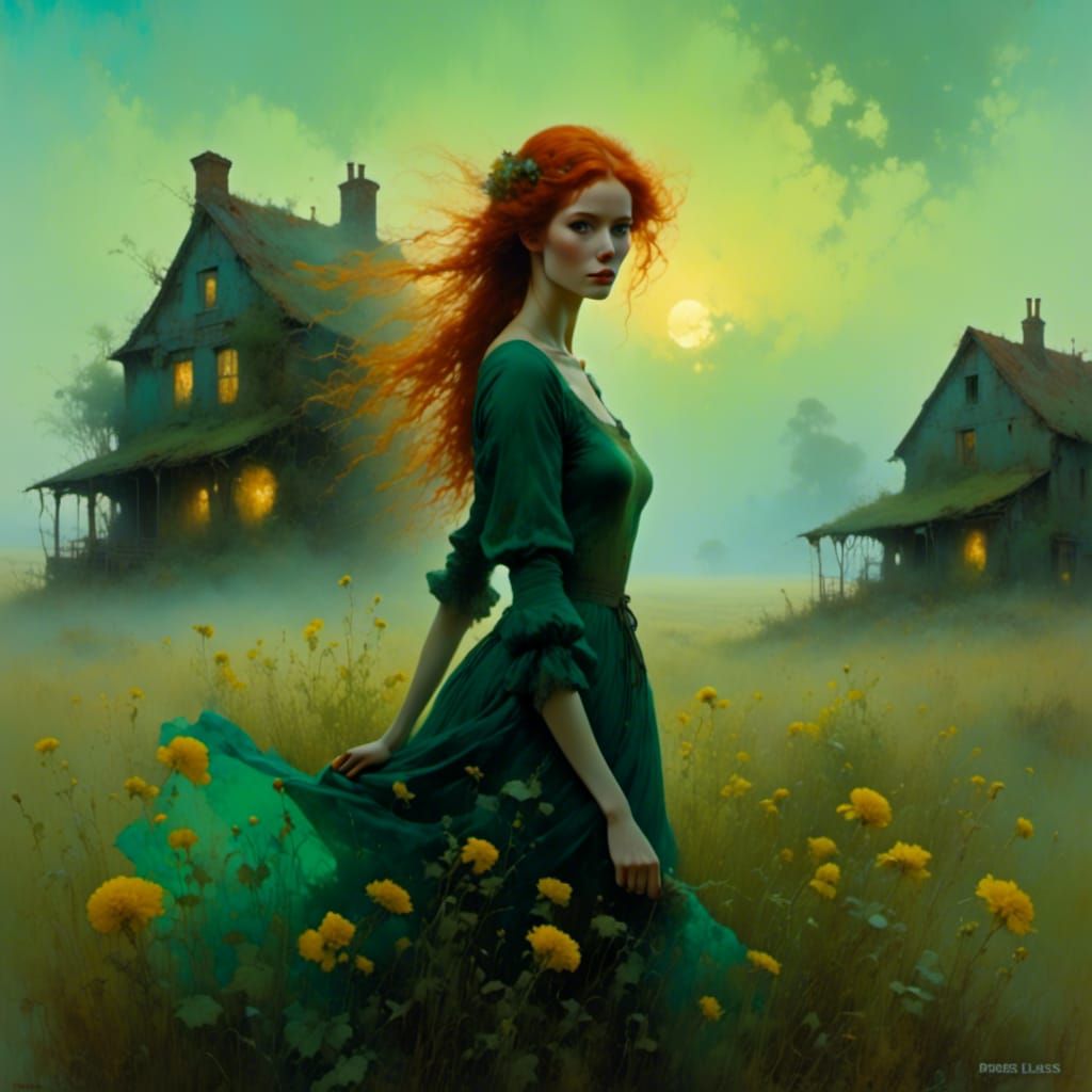 Ginger Girl Dancing in Misty Flower Field