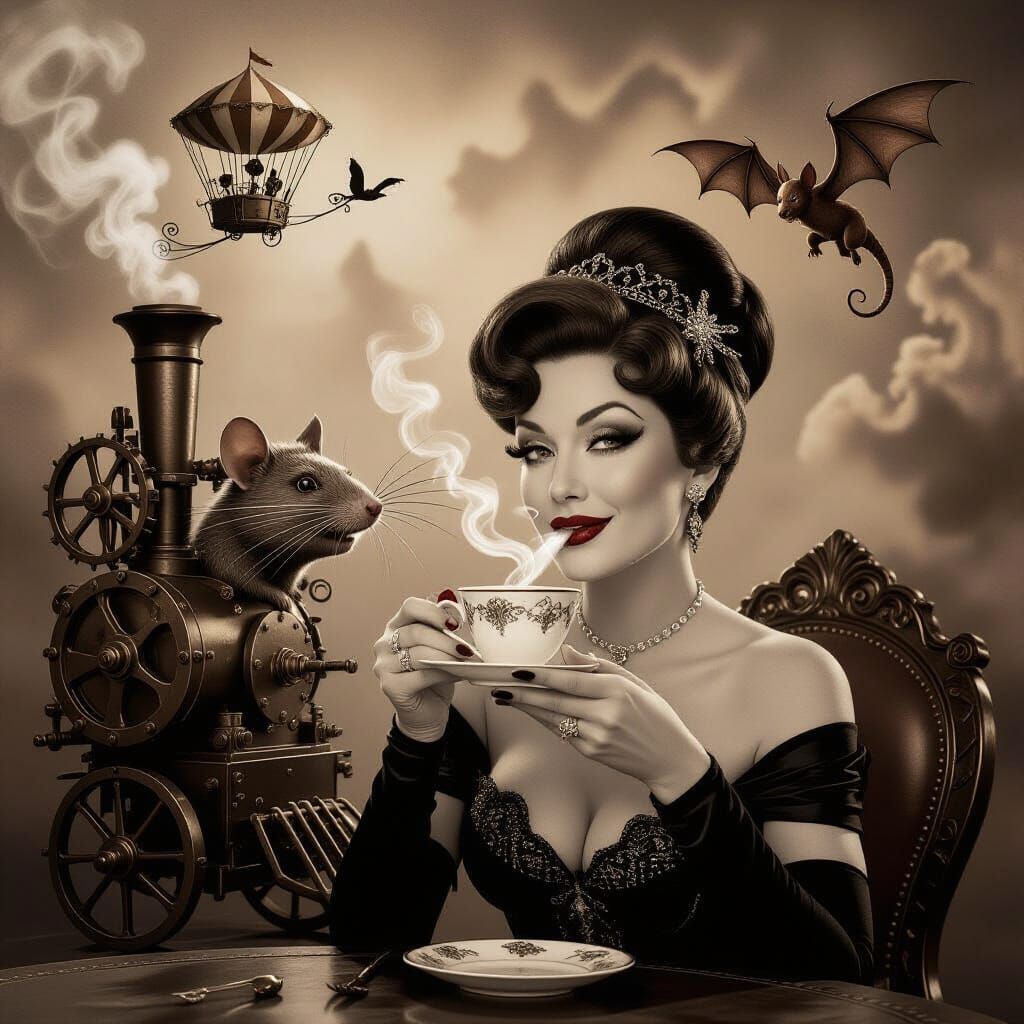 Steampunk Diva Sips Coffee Amidst Surreal Flying Circus