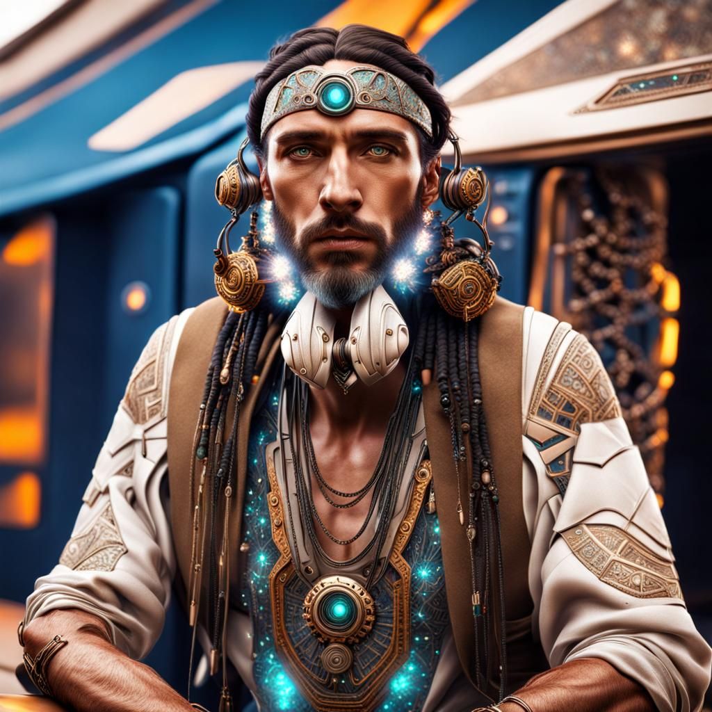 Futuristic Gypsy with Fractal Circuitry and Jewelry