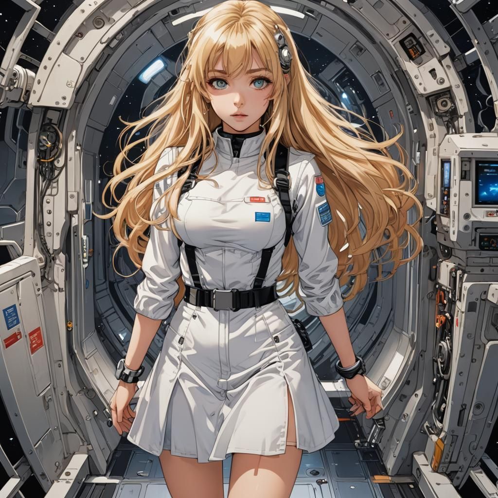 Anime Cyborg Woman in Spaceship Entry Chamber