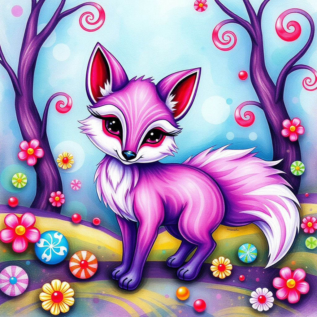 Candy Cane Fox in Candyland Gouache Art