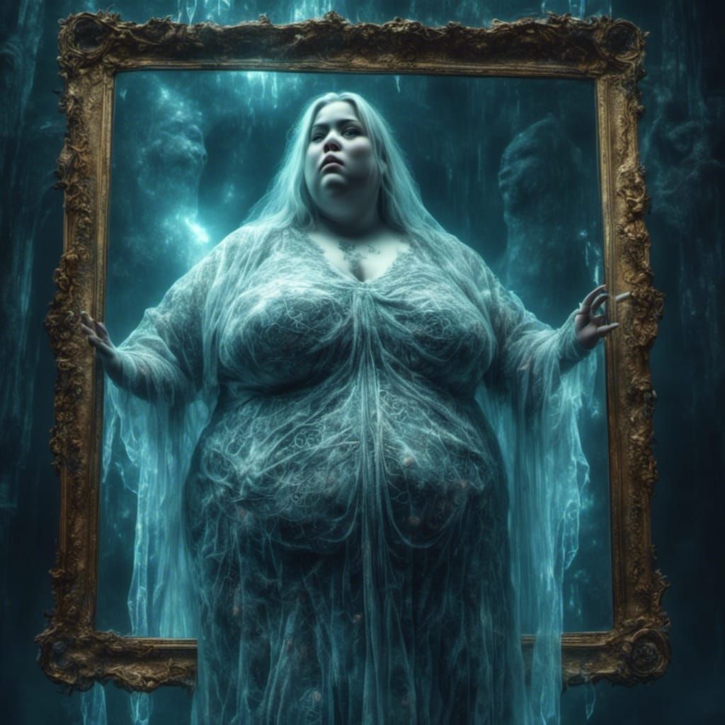 Plus-Size Woman Gazing in Mirror with Runes