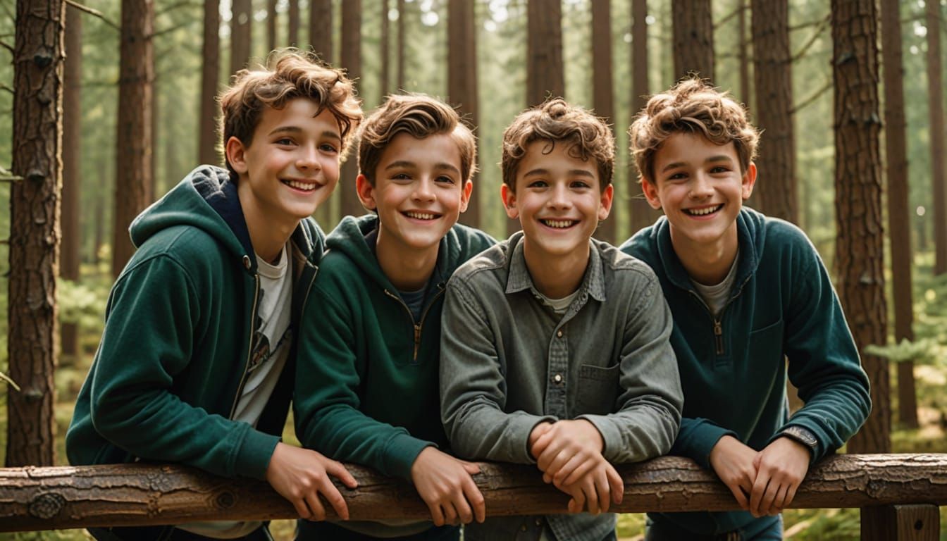 Photorealistic Brothers Hiking in Lush Pine Forest