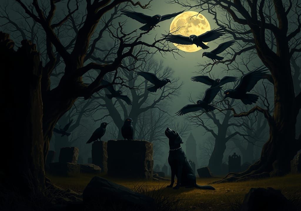 Dark Academia Graveyard Scene with Ravens and Owls