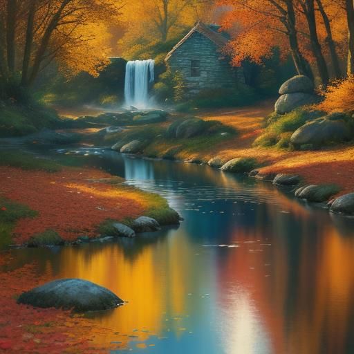 Autumn Forest River Reflection with Swan in Splash Art