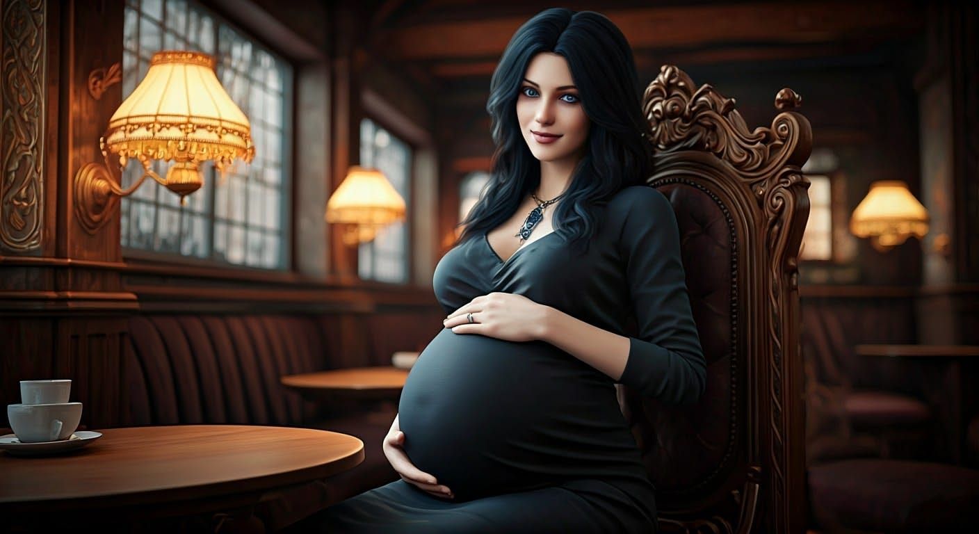 Pregnant Goth Woman in Bohemian Coffee Shop