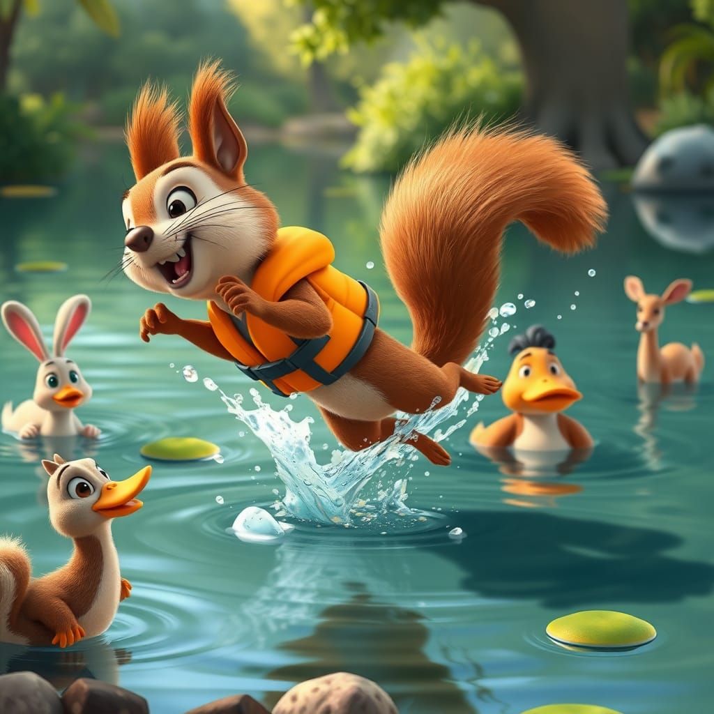 Cartoon Squirrel's Cannonball Jump into Pond