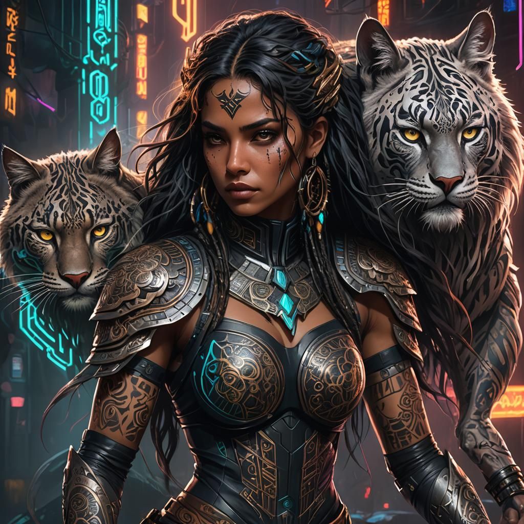 Cyberpunk Tribal Woman in a Futuristic Forest