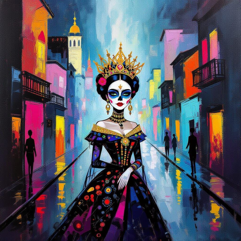 Ethereal Catrina in Abstract Expressionist Cityscape with Go...