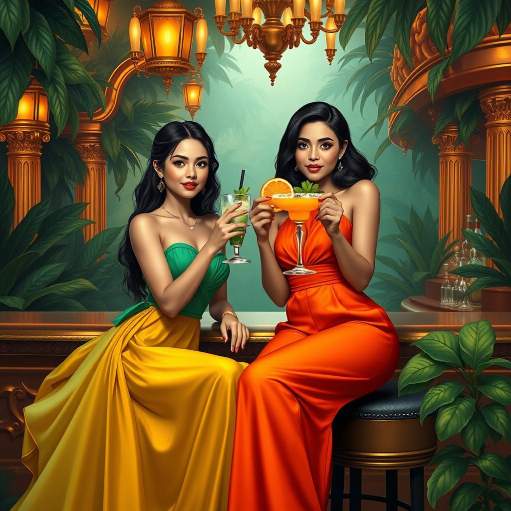 Elegant Women Sipping Cocktails in a Whimsical Tropical Sett...