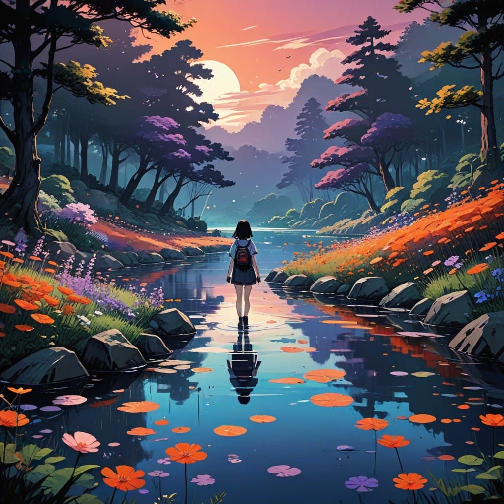 Lush Lake Scene at Dusk in Vibrant Anime Style