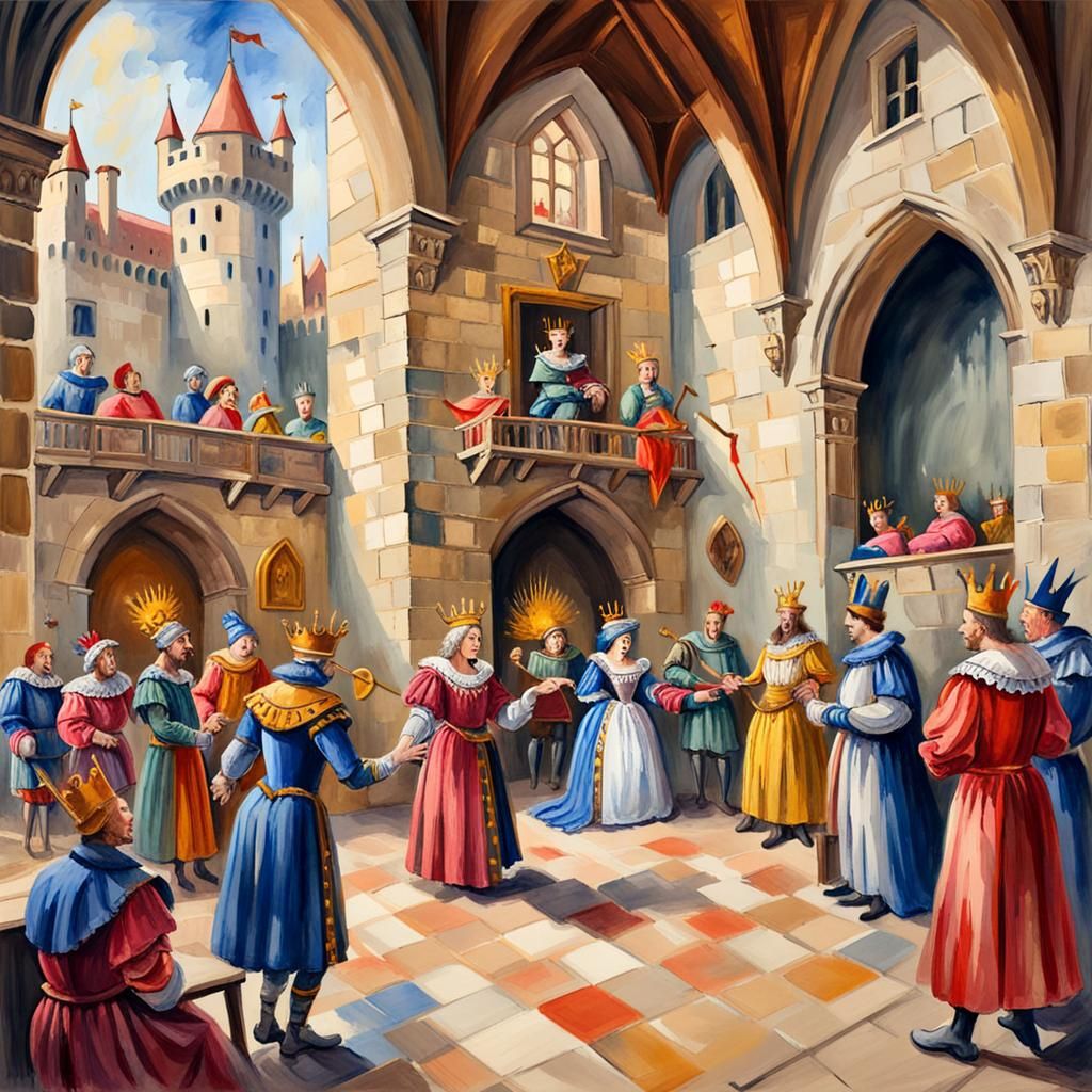 Jester Entertaining King and Queen in Gouache Style